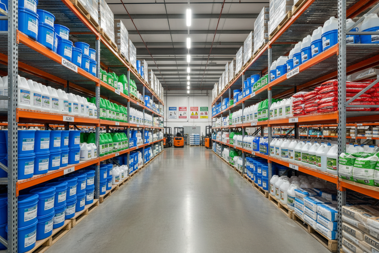 fill a pgae with pool chemicals in a warehouse