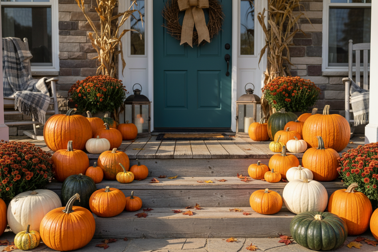 Pumpkin Arrangements on Front Porch