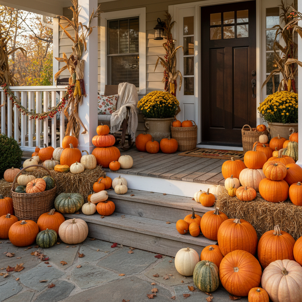 Pumpkin Arrangements on Front Porch